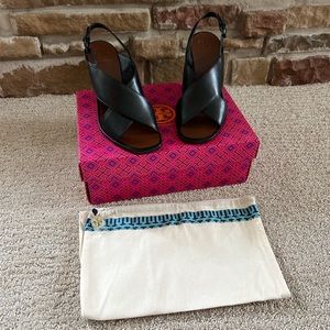 Tory Burch Black Leather Wedge Scandals.